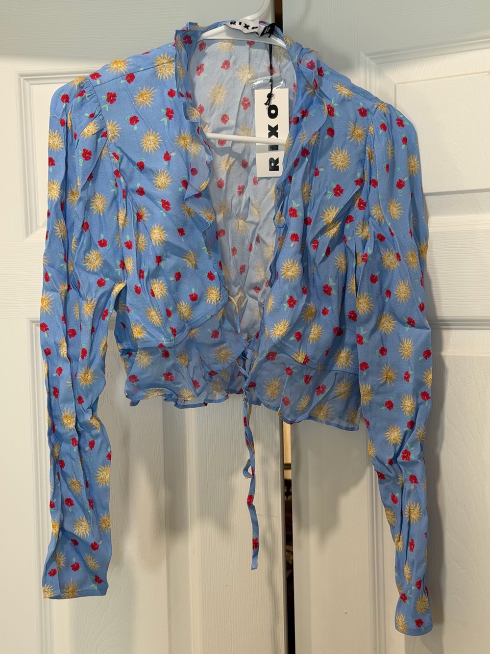 RIXO Sky Blue Sunburst & Red Floral Tie-Front Blouse